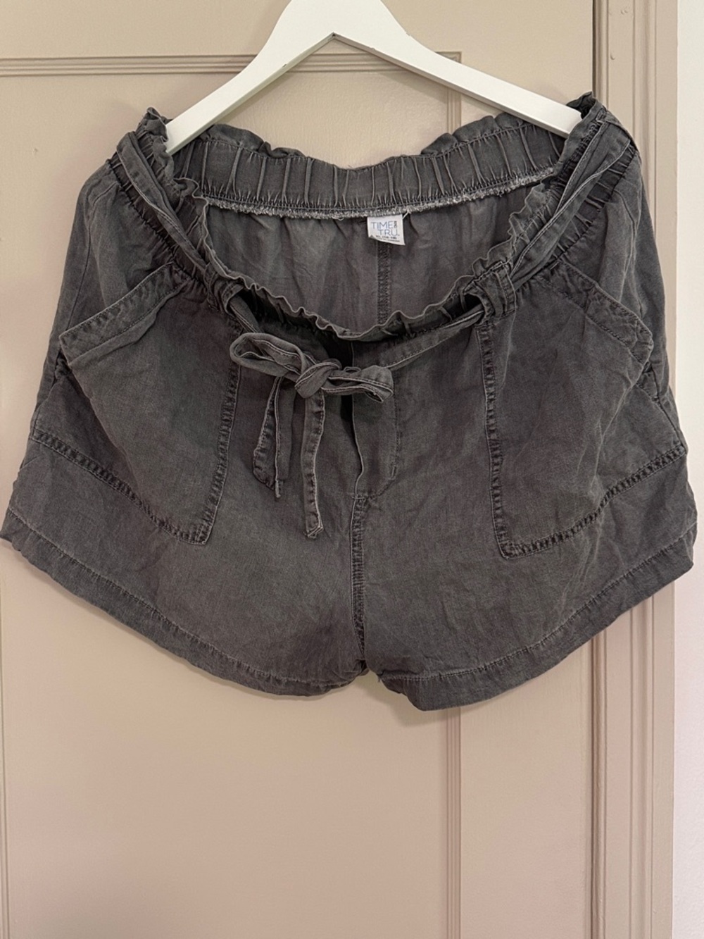 Time and Tru Washed Charcoal High Waist Paperbag Drawstring Shorts